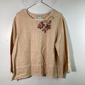 Womens Hot Cotton Linen Embroidered Tunic Flowers Peachy Tan XL Round Neck 3/4 s